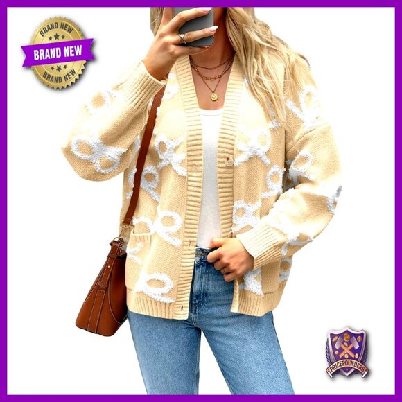 Sweaters - Chunky Knit Cardigan Sweater Oversized Loose Fit Button Up Bow Embroidery